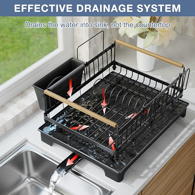 Dish Rack with Drainboard Large Capacity Anti-Rust Kitchen Counter Organizer with Cup, Utensil & Cutting Board Holders, Heavy Duty Dish Drying Rack for Dishes, Spoons and Forks