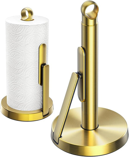 theaoo Heavy-Duty Stainless Steel Paper Towel Holder with Tension Arm – Easy One-Handed Tear, Modern Standing Countertop Dispenser for Kitchen, Holds All Paper Towel Rolls (1, Gold) - Image 9