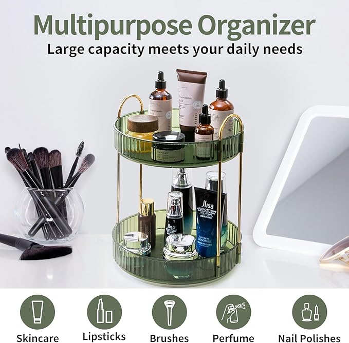 Asayuee 360 Rotating Makeup Organizer for Vanity,2 Tier Large Capacity Skincare Organizers,Bathroom Counter Organizer, Spinning Perfume Organizer & Vanity Organizer (Green-2 Tier) - Image 7