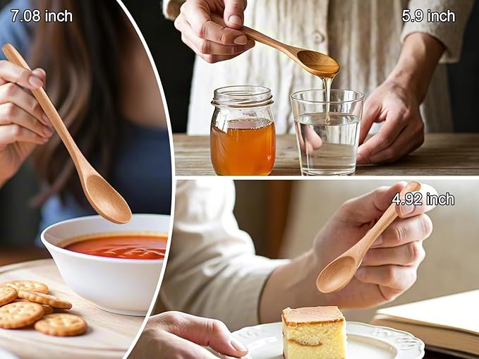 6 Piece Small Wooden Spoons Set - Premium Beech Wood Spoons in 3 Sizes (4.9", 5.9", 7.1") for Honey, Tea, Coffee, Multi-Purpose Mini Teaspoons Utensils for Ice Cream and Soup - Image 4