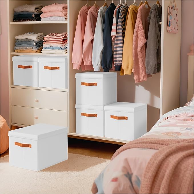 Homsorout Storage Bins with Lids - Fabric Storage Baskets for Shelves, 8 Pack Foldable Decorative Boxes with Handles, Stackable Organizer Bins for Home, Nursery, Dorm, White