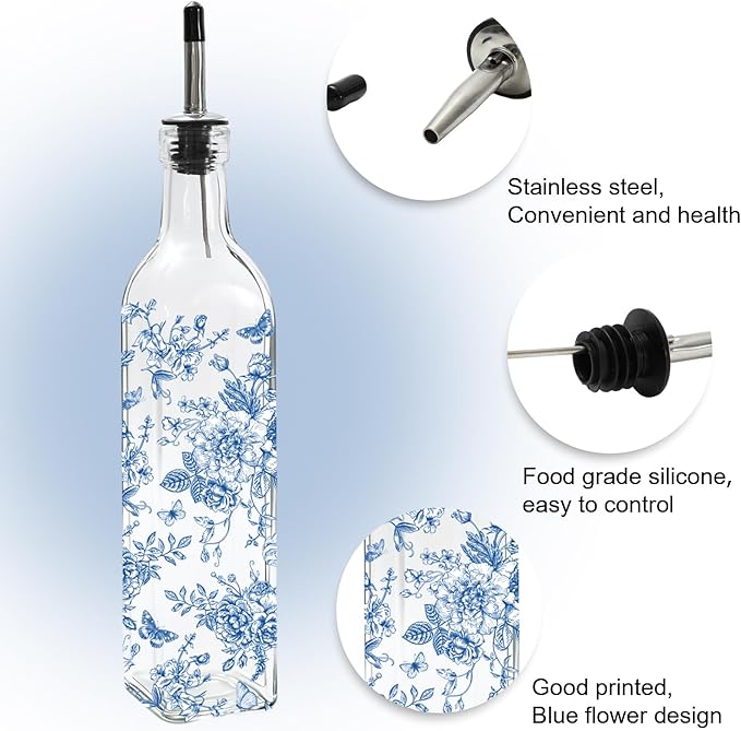 JarThenaAMCS Chinoiserie Olive Oil Dispenser Bottle Blue Floral Glass Cruet Bottle with Spout Cooking Vinegar Container for Home Kitchen Table Countertop Decor