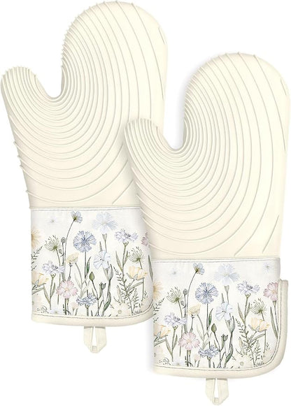 Slohif Long Silicone Oven Mitts Heat Resistant for Women - 2 Pcs Beige Wild Flowers 100% Cotton Oven Gloves, Non-Slip and Waterproof Silicone Oven Mitts with Hanger for Baking and Cooking