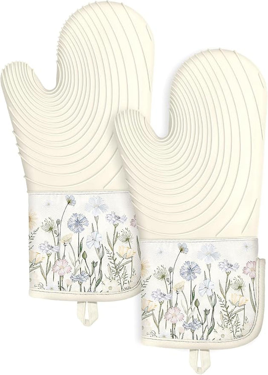 Slohif Long Silicone Oven Mitts Heat Resistant for Women - 2 Pcs Beige Wild Flowers 100% Cotton Oven Gloves, Non-Slip and Waterproof Silicone Oven Mitts with Hanger for Baking and Cooking