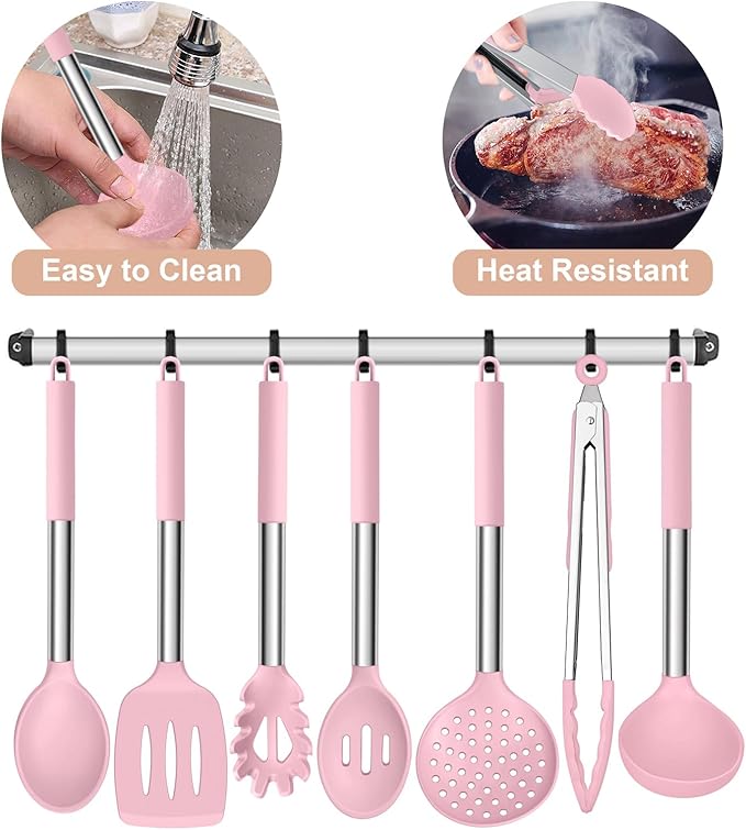 E-far Silicone Cooking Utensils Set, 7 Pcs Heat Resistant Kitchen Utensils with Stainless Steel Handle, Slotted Turner, Spoon, Soup Ladle, Pasta Server, Skimmer, Tongs for Nonstick Cookware, Pink - Image 6