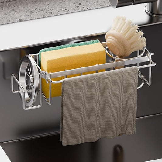 TAILI Sponge Holder with Strong Suction Cup, 4-in-1 Rustproof Sink Organizer - Sink Caddy Holds Sponges, Brushes, Stoppers & Scrapers -Silver by TAILI