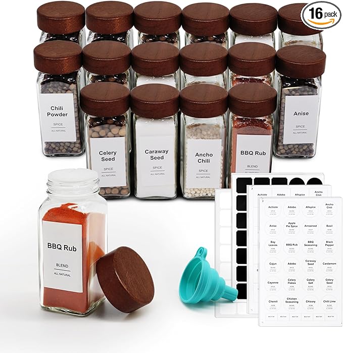 16 Pcs Spice Jars, 4oz Seasoning Containers with Acacia Wood Shaker Lids, Glass Spice Bottles with Labels, Square Seasoning Organizer, Kitchen Spice Container by ckcy
