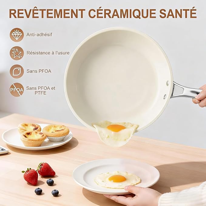 9.25 Inch Ceramic Nonstick Frying Pan with lid Skillet - PFAS-Free, Non-Toxic, Oven Safe & Induction Ready, Aluminum Cookware with Stainless Steel Handle - Image 3