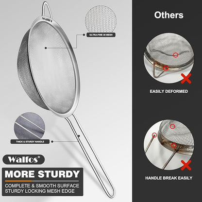 Walfos Fine Mesh Strainers Set, Premium Stainless Steel Colanders and Sifters, with Reinforced Frame Sturdy Handle, Perfect for Sift, Strain, Drain Rinse Vegetables, Pastas Tea - 3 Sizes - Image 4