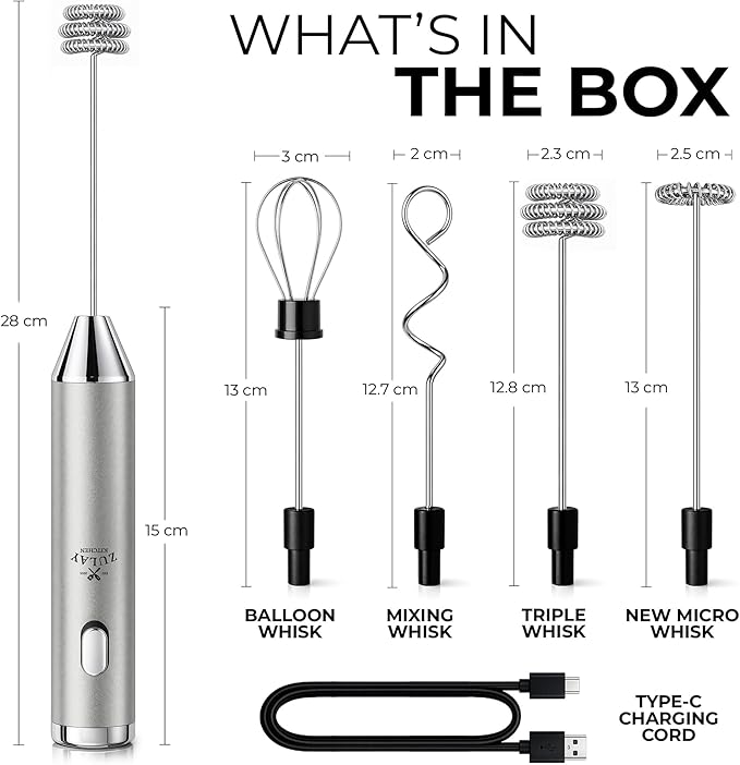 Zulay Kitchen Metal Rechargeable Milk Frother, 3 Whisk Attachments Handheld Frother Wand, 1800mAh USB-C Charging, Electric Drink Mixer for Protein, Matcha & Powders - One Charge Lasts up to 6 Months - Image 7
