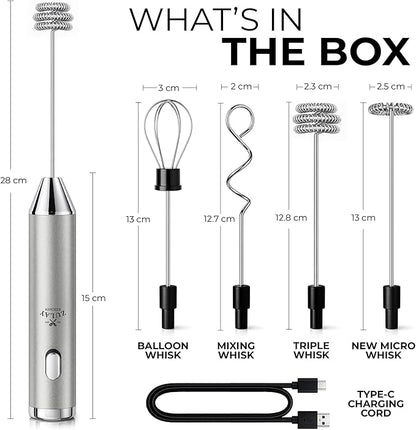 Zulay Kitchen Metal Rechargeable Milk Frother, 3 Whisk Attachments Handheld Frother Wand, 1800mAh USB-C Charging, Electric Drink Mixer for Protein, Matcha & Powders - One Charge Lasts up to 6 Months - Image 7