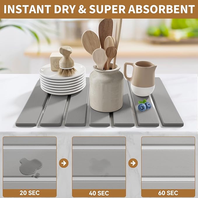 Stone Dish Drying Mat for Kitchen Counter,15.5''x11.8'' Foldable Quick Dry Stone Kitchen Mat,Eco-Friendly,Absorbent Diatomaceous Earth Mats for Dishes Bottles Cups Bathroom Any Countertop-Light Gray - Image 3