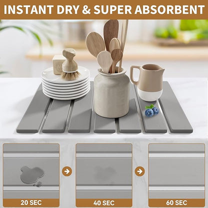 Stone Dish Drying Mat for Kitchen Counter,15.5''x11.8'' Foldable Quick Dry Stone Kitchen Mat,Eco-Friendly,Absorbent Diatomaceous Earth Mats for Dishes Bottles Cups Bathroom Any Countertop-Light Gray - Image 3