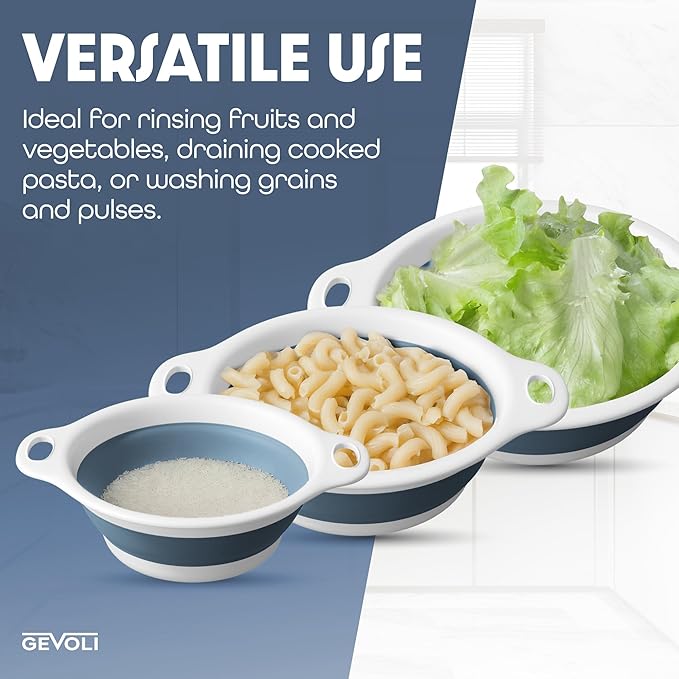 Gevoli Collapsible Colanders (3 Pack Set) Food Strainers with Over-Sink Water Draining Base for Pasta Fruits and Vegetables, White/Blue (3 Sizes, 3QT, 4QT and 5 Quart) - Image 7