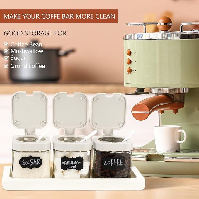 Suclain 3 Pcs Glass Coffee Containers Coffee Station Organizer Set, Airtight Bean Storage Jars with Shelf,labels,spoon, Base and Pen,for Sugar, Candy, Oats, Nuts(White) - Image 4