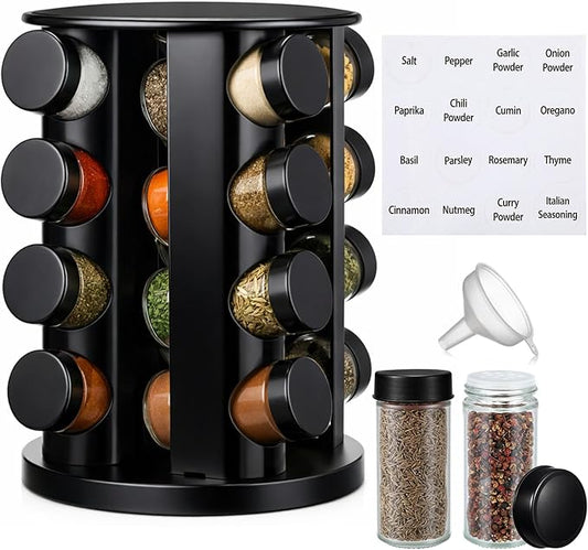 Yungyan Black Rotating Spice Rack Seasoning Organizer with 16 Empty Jars, Spice Containers Set with Labels and Funnel, Revolving Seasoning Rack for Kitchen Accessories (Stainless Steel,Glass)