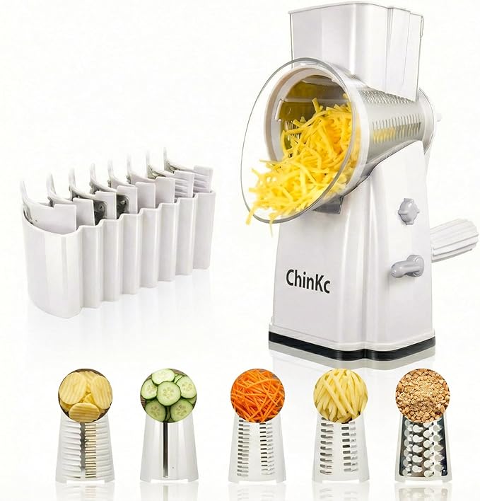 Upgrade Rotary Cheese Grater Shredder with Handle, Strong Suction Base, Multi-purpose Rotary Grater Slicer with 5 Interchangeable Blades for Ice, Vegetables, Fruit, Nuts with Blade Storage Box by ChinKc
