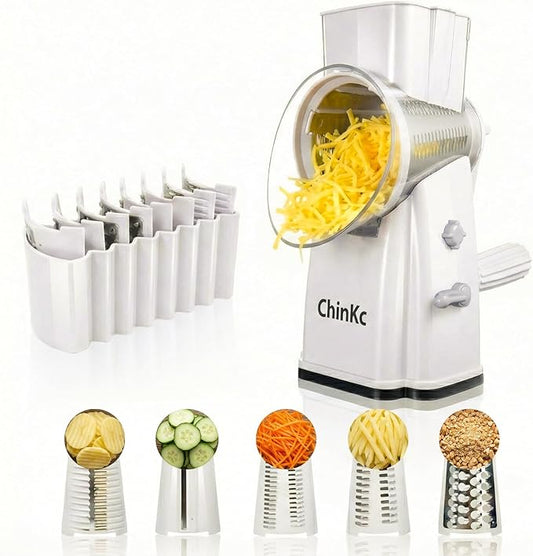 Upgrade Rotary Cheese Grater Shredder with Handle, Strong Suction Base, Multi-purpose Rotary Grater Slicer with 5 Interchangeable Blades for Ice, Vegetables, Fruit, Nuts with Blade Storage Box by ChinKc