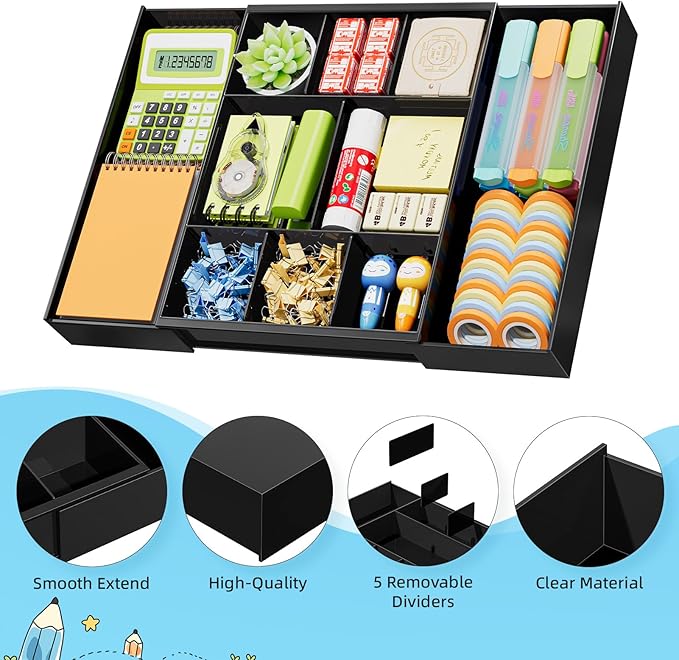 Marbrasse Expandable Desk Drawer Organizer, Clear Plastic Drawer Organizer Tray with 10 Adjustable Compartments, Desk Organizers and Accessories, 5 Drawer Dividers for Office Supplies, Makeup(Black) - Image 6