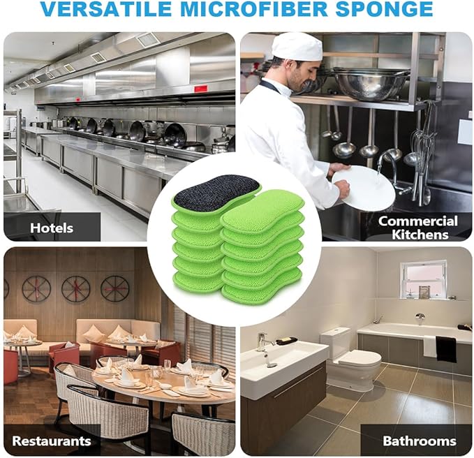 HOMEXCEL 12 Pack Multi-Purpose Scrub Sponges Kitchen Dish Sponge Non-Scratch Microfiber Sponge for Efficiently Cleaning Dishes Pots Pans Green - Image 7