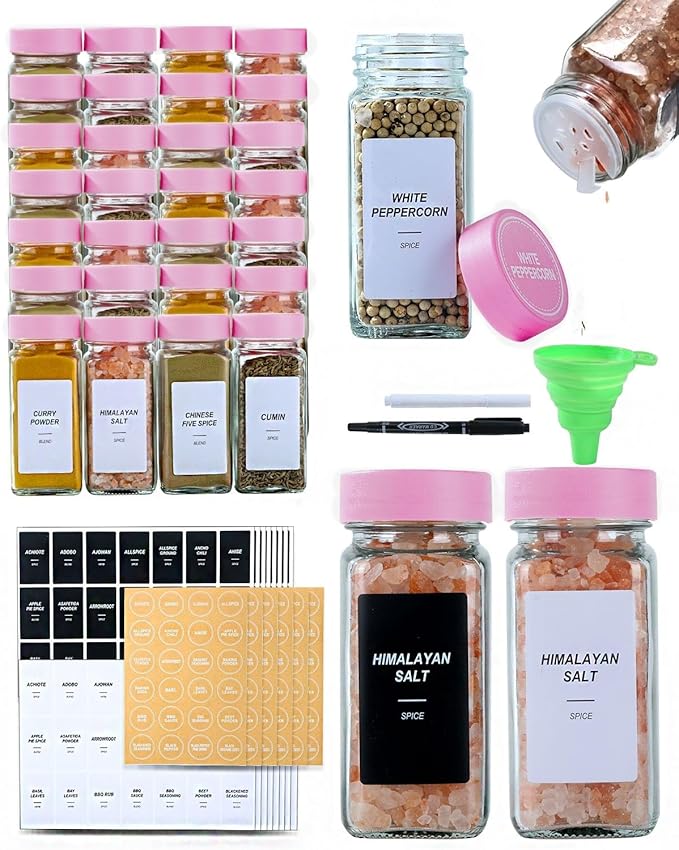 48 Glass storage jars，Glass Spice Jars with Label-4oz Spice Containers with Lids and Shaker Lids,3 Sets of Spice Labels 1 Collapsible Funnel 2 Erasable Markers for Spice Rack, (48) by JARXSUN