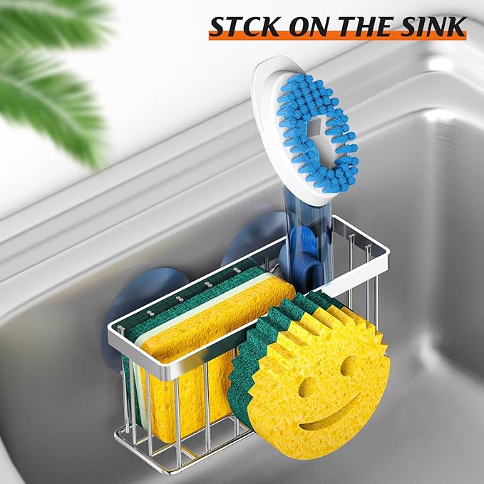 MURLONG Sponge Holder Smiley Face,Sink Caddy for kitchen Sink,Sponge Holder with 2 PCS Suction Cups/1 PCS Adhesive Strips,Designed for Sponge,Soap,Dish brush,Scrubber-Silver - Image 5