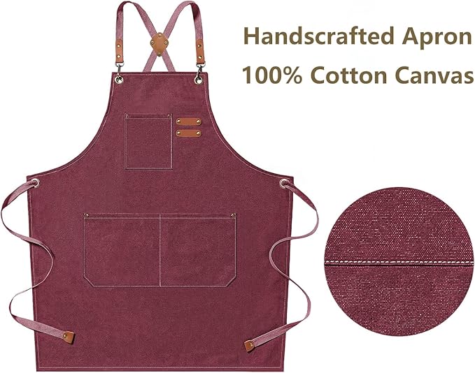 AFUN Chef Aprons for Men Women with Oversized Pockets, 16-Ounce Cotton Canvas Cross Back Heavy Duty Work Apron (Dark Red) - Image 5