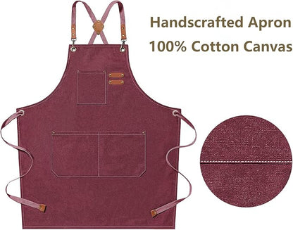 AFUN Chef Aprons for Men Women with Oversized Pockets, 16-Ounce Cotton Canvas Cross Back Heavy Duty Work Apron (Dark Red) - Image 5