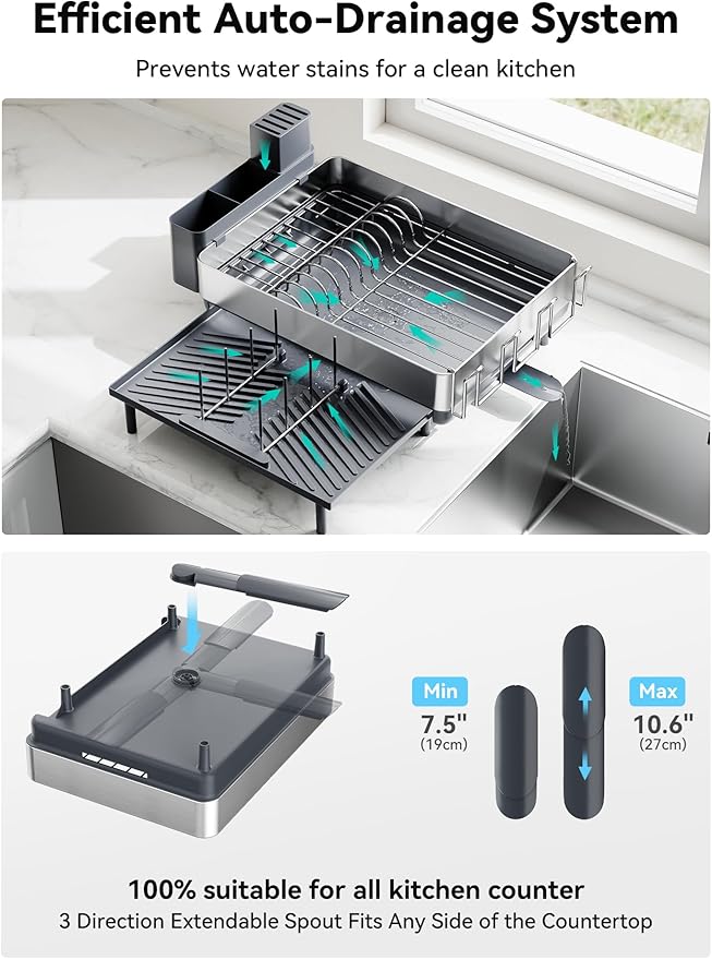 SUNLY Large Dish Drying Rack, Expandable Dish Racks for Kitchen Counter, Space Saving 304 Stainless Steel Drying Rack Kitchen, Extra Large Drainer with Multifunctional Flip Up Pegs, Gray - Image 5