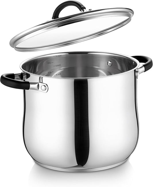 E-far 10 Quart Stock Pot, Stainless Steel Pot for Cooking Soup Simmering Stew, Tall Induction Pot with Visible Lid, Large Pot w/Tri-Ply Base & Dual Heat Proof Handles, Non-Toxic & Dishwasher Safe by E-far
