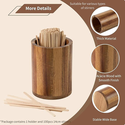 Acacia Wood Coffee Stirrer Holder Set with 100 Disposable Stir Sticks, Wooden Bar Accessories for Milk Cocktail Tea Drinks Straws, Organizer for Station Countertop - Image 3