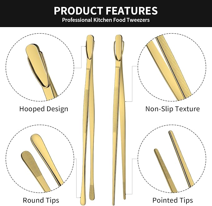 DEHOV 12 Inch Gold Stainless Steel Kitchen Tweezers For Cooking Tongs Set of 2, Metal Long Food Tweezers, BBQ Grill Tongs For Pasta