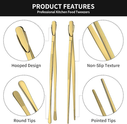 DEHOV 12 Inch Gold Stainless Steel Kitchen Tweezers For Cooking Tongs Set of 2, Metal Long Food Tweezers, BBQ Grill Tongs For Pasta