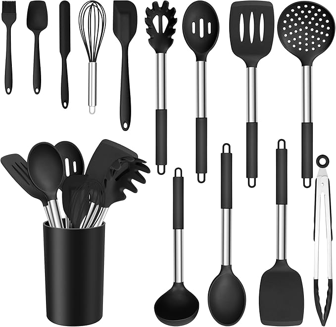 E-far 14 Pieces Silicone Cooking Utensils Set, Kitchen Utensils Set with Holder, Spatula, Ladle, Spoon, Tong, Slotted Turner for Nonstick Cookware, Heat Resistant & Stainless Steel Handle, Black by E-far