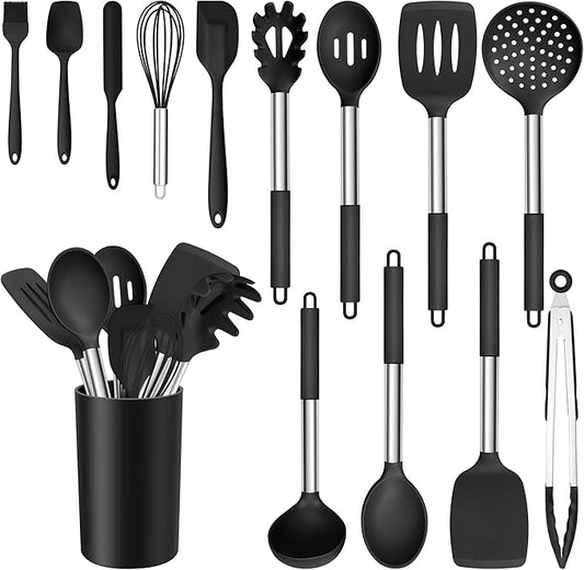 E-far 14 Pieces Silicone Cooking Utensils Set, Kitchen Utensils Set with Holder, Spatula, Ladle, Spoon, Tong, Slotted Turner for Nonstick Cookware, Heat Resistant & Stainless Steel Handle, Black by E-far
