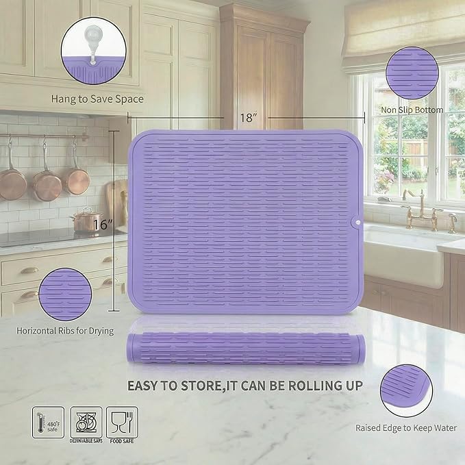 MicoYang Silicone Dish Drying Mat for Multiple Usage,Easy clean,Eco-friendly,Heat-resistant Silicone Mat for Kitchen Counter or Sink,Refrigerator or Drawer Liner Light Purple XL 18 inches x 16 inches - Image 2