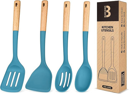 Silicone Cooking Utensils Set, Perfectly Angled for Frying, Mixing,Serving,Draining,Turning and Stirring, BPA-Free Matte Silicone, Wood Handles, Safe for Nonstick Cooking Surfaces,4 Pack (Blue) by BADIANO