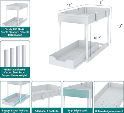 DEKAVA Cabinet, 2 Pack Under Sink Organizer, 2 Tier Sliding Bathroom Kitchen Organizer, Large White ABS Baskets, Easy Install & Clean - Image 6