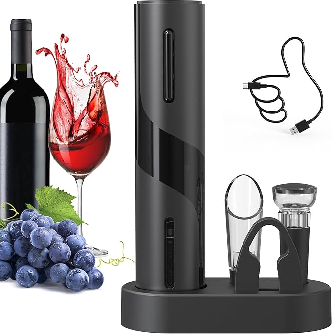 CIRCLE JOY Electric Wine Bottle Opener Set Rechargeable Wine Corkscrew Cordless Wine Opener Gift Set with Charging Base, Foil Cutter, Wine Aerator Pourer and Vacuum Wine Stopper, Black by CIRCLEJOY