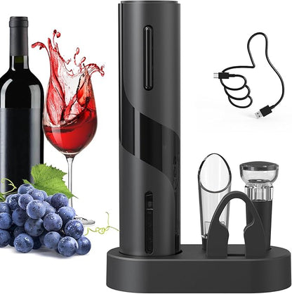 CIRCLE JOY Electric Wine Bottle Opener Set Rechargeable Wine Corkscrew Cordless Wine Opener Gift Set with Charging Base, Foil Cutter, Wine Aerator Pourer and Vacuum Wine Stopper, Black by CIRCLEJOY