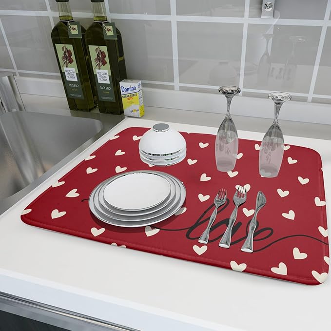 Giwawa Red Hearts Dish Drying Mat 18"x24", Valentines Day Symbol of Love Dish Drainer Mats, Romantic Reversible Dish Drying Rack Pad Protector for Kitchen Countertop Tabletop Large Decor