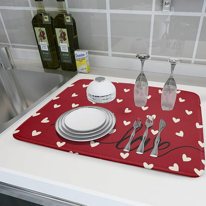 Giwawa Red Hearts Dish Drying Mat 18"x24", Valentines Day Symbol of Love Dish Drainer Mats, Romantic Reversible Dish Drying Rack Pad Protector for Kitchen Countertop Tabletop Large Decor