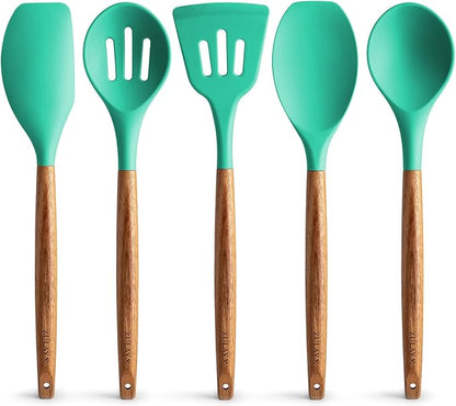 Zulay Kitchen Non-Stick Cooking Utensils Set with Authentic Acacia Wood Handles – 5-Piece Durable & Stylish Silicone Kitchen Utensils Set – Heat Resistant to 464°F – Mint by ZulayKitchen