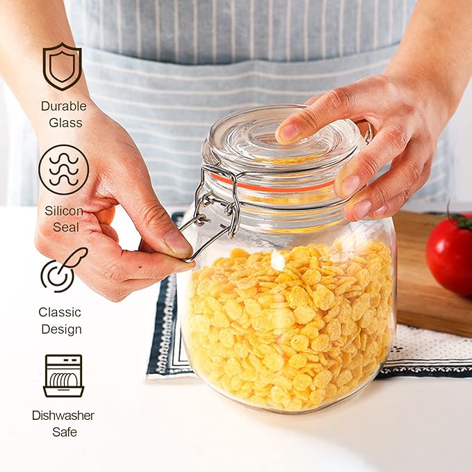 32 oz Glass Food Storage Jars with Airtight Lids,Clear Airtight Canister with Leak Proof Rubber Gasket,1000 ml Square Large Mason Jars with Clamp Lids for Canning,Cereal,Beans,6 Pack - Image 4