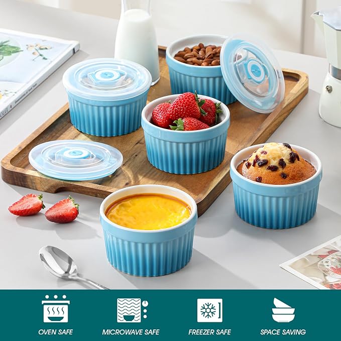 vancasso 8 oz Ramekins with Lid, Porcelain Creme Brulee Souffle Dishes, Blue Pudding Custard Cups Ramiken for Baking, Dishwasher and Oven Safe, Set of 6 - Image 4
