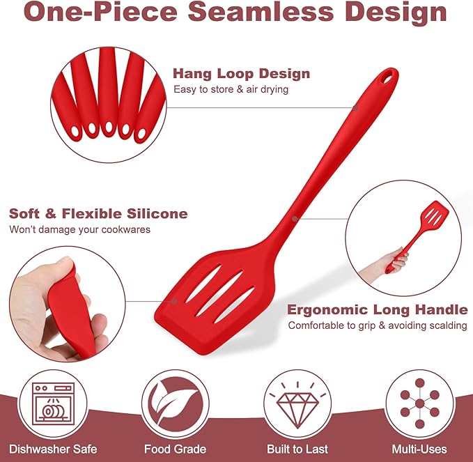 TeamFar Kitchen Utensils, 7 PCS Silicone Cooking Baking Utensil, Non-Stick Kitchen Gadgets with Ladle Spatula Spoon Turner Pasta Server, Non-Toxic & One Piece, Heat Resistant & Dishwasher Safe-Red - Image 3