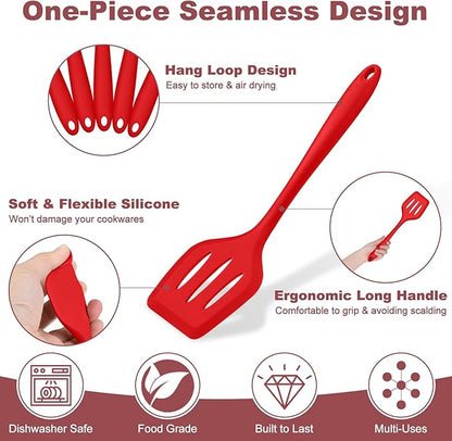 TeamFar Kitchen Utensils, 7 PCS Silicone Cooking Baking Utensil, Non-Stick Kitchen Gadgets with Ladle Spatula Spoon Turner Pasta Server, Non-Toxic & One Piece, Heat Resistant & Dishwasher Safe-Red - Image 3