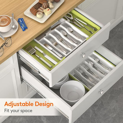Lifewit Silverware Drawer Organizer, Expandable Utensil Tray for Kitchen, BPA Free Flatware and Cutlery Holder, Adjustable Plastic Storage for Spoons Forks Knives, 13-22 x 15", Green&White - Image 8
