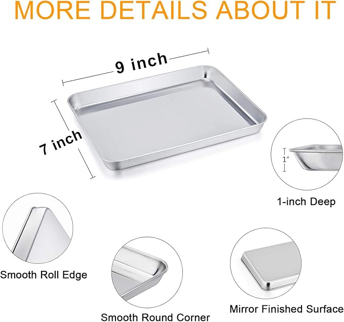 TeamFar 9'' x 7'' x 1'' Toaster Oven Pan with Rack Set of 4, Stainless Steel Compact Toaster Ovenware Pan with Cooling Rack, Healthy & Heavy Duty, Easy Clean & Dishwasher Safe, (2 Pans + 2 Racks)