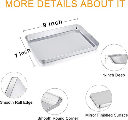 TeamFar 9'' x 7'' x 1'' Toaster Oven Pan with Rack Set of 4, Stainless Steel Compact Toaster Ovenware Pan with Cooling Rack, Healthy & Heavy Duty, Easy Clean & Dishwasher Safe, (2 Pans + 2 Racks)